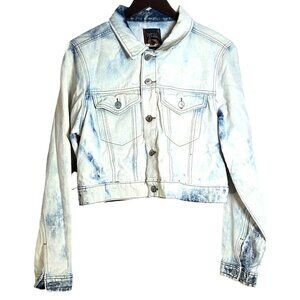 Almost Famous White Blue Acid Wash Crop Denim Trucker Jean Jacket Size Large